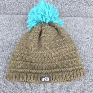 REI Co-op Beanie Hat Girls One Size Brown Blue Pom Knit Fleece Lined Winter